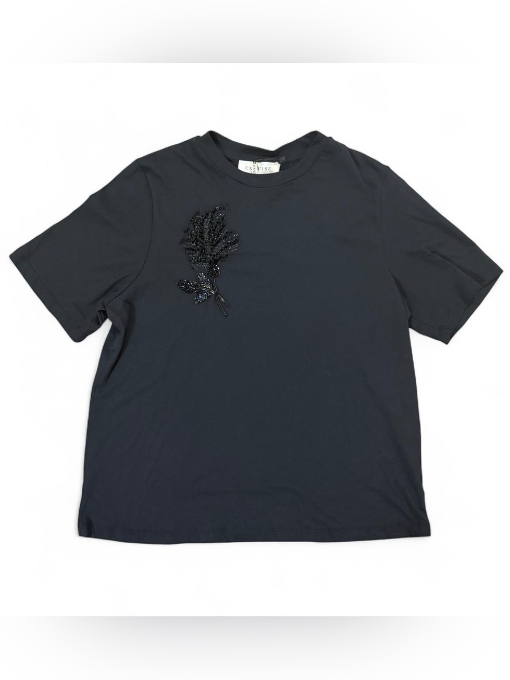 NWT Exquise Anat Black Hand Beaded Sequin Leaf T-Shirt Women's Size M